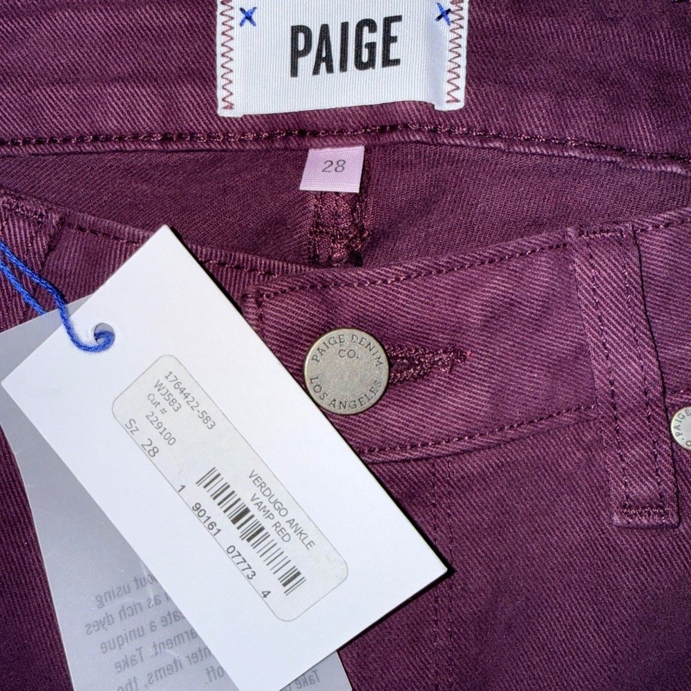 Paige Verdugo Ankle Skinny Jeans Vamp Red Burgundy Mid Rise Stretch Denim 28 NEW - Picture 3 of 9
